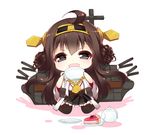  :d ahoge boots brown_hair cake chibi cup detached_sleeves food frilled_skirt frills hair_ornament hairband headgear japanese_clothes kantai_collection kongou_(kantai_collection) long_hair nontraditional_miko open_mouth plate ribbon-trimmed_sleeves ribbon_trim saucer simple_background skirt smile solo teacup teapot thigh_boots thighhighs white_background wide_sleeves yuncha zettai_ryouiki 