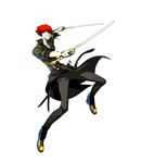  dual_wielding grin holding male_focus minazuki_sho official_art persona persona_4:_the_ultimate_in_mayonaka_arena persona_4:_the_ultimax_ultra_suplex_hold red_hair scar smile soejima_shigenori solo sword weapon 
