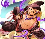  :p abs arm_support armband bara bare_chest beard belt bow bracelet brown_eyes brown_hair crotch_grab earrings facial_hair fantasy hat itto_(mentaiko) jewelry legs_folded looking_at_viewer lying magatama magic male_focus muscle naughty_face navel necklace on_side ookuninushi_(p&amp;d) open_clothes open_shirt pants_pull pointy_shoes puzzle_&amp;_dragons ribbon scar shirt shoes smile solo tan tongue tongue_out v-shaped_eyebrows wide_sleeves 