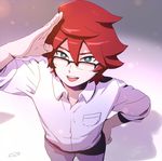  from_above glasses green_eyes inazuma_eleven_(series) inazuma_eleven_go kiyama_hiroto looking_at_viewer looking_up male_focus mizuhara_aki older open_mouth red_hair solo 