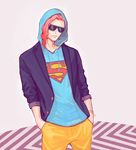  drawr hood hoodie jacket jojo_no_kimyou_na_bouken kakyouin_noriaki male_focus red_hair solo sunglasses superman tkd_dkt 