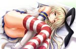  bare_shoulders blonde_hair elbow_gloves gloves hair_ornament hands_together kantai_collection long_hair looking_at_viewer lying navel open_mouth pussy shimakaze_(kantai_collection) skirt solo striped striped_legwear taku_(punitaku) thighhighs 
