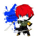  character_name chibi dual_wielding grin holding male_focus minazuki_sho persona persona_4:_the_ultimate_in_mayonaka_arena red_hair scar smile solo sword weapon 