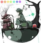  backpack bag boots closed_eyes green_hair hair_bobbles hair_ornament hand_on_own_cheek hand_on_own_chin hand_on_own_face hand_rest hat head_rest highres hood hoodie kawashiro_nitori long_skirt machine nal_(naru-1) road_sign rubber_boots short_hair short_sleeves sign sitting skirt smoke solo teardrop tears television touhou tree two_side_up 