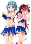  :o antenna_hair blue_eyes blue_hair blue_skirt blush cheerleader covering_one_eye crossed_arms gleision_adain hair_ornament hot long_hair mahou_shoujo_madoka_magica midriff miki_sayaka multiple_girls navel panties pleated_skirt ponytail red_eyes red_hair sakura_kyouko shirt_lift short_hair simple_background skirt standing sweat thigh_gap towel towel_around_neck underwear undressing very_long_hair 