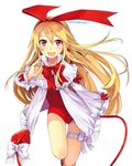  :d artist_name blonde_hair bow demon_tail disgaea earrings fang flonne flonne_(fallen_angel) hair_ribbon hairband jewelry leg_garter leotard long_hair mochafish open_mouth pointy_ears red_eyes red_leotard ribbon simple_background smile solo tail tail_bow tail_ribbon thigh_ribbon white_background 