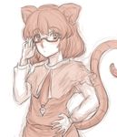  adjusting_eyewear animal_ears bespectacled capelet dress gem glasses gloves hand_on_hip highres jewelry kuro_suto_sukii long_sleeves looking_at_viewer mouse_ears mouse_tail nazrin necklace pendant shirt simple_background solo tail touhou white_background 