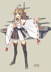  ahoge boots brown_hair character_name detached_sleeves hairband japanese_clothes kantai_collection kongou_(kantai_collection) long_hair looking_at_viewer open_mouth seo_tatsuya skirt smile solo thigh_boots thighhighs wide_sleeves 