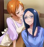  aida_ayumi apron black-framed_eyewear blue_eyes blue_hair breasts brown_eyes dokidoki!_precure glasses haruyama_kazunori hishikawa_ryouko lips long_hair mature medium_breasts multiple_girls orange_hair precure short_hair yuri 