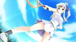  1girl blonde_hair game_cg heterochromia highres kimishima_ao otome_ga_tsumugu_koi_no_canvas racket shishidou_chiharu skirt tennis 