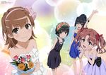  :d absurdres arm_up black_eyes black_hair bow brown_eyes brown_hair dress flower hair_bow hair_flower hair_ornament hairband hairclip highres kabashima_yousuke legs misaka_mikoto multiple_girls non-web_source nyantype official_art open_mouth saten_ruiko shirai_kuroko short_hair smile to_aru_kagaku_no_railgun to_aru_majutsu_no_index twintails uiharu_kazari 