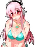  bikini breasts cleavage headphones jewelry large_breasts long_hair necklace nitroplus nokoppa pink_hair red_eyes solo super_sonico swimsuit 