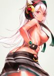  1girl ass azur_lane bangs black_gloves bodypaint breasts bubble_blowing chewing_gum dark_skin facial_mark fingerless_gloves from_behind gloves hair_between_eyes hood long_hair looking_at_viewer looking_back medium_breasts minneapolis_(azur_lane) native_american navel panties panty_tug ponytail red_eyes revealing_clothes sidelocks solo topless underwear west_(vaem5527) white_hair 