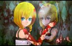  aqua_eyes bangs blonde_hair blood bloody_clothes braid copyright_name different_reflection expressionless looking_at_another looking_at_viewer majo_no_ie mirror reflection smile solo tachibanakou twintails viola_(majo_no_ie) 