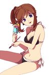  alternate_hairstyle bikini blue_(pokemon) blue_eyes blue_hawaii breasts brown_hair cleavage drink earrings halterneck jewelry long_hair looking_at_viewer medium_breasts navel pokemon pokemon_special side-tie_bikini solo spoon swimsuit tropical_drink yui_ko 