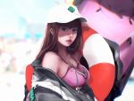  1girl adapted_costume alternate_costume blizzard bra brown_hair cap d.va_(overwatch) drawing gynryo highres jacket lifebuoy long_hair overwatch paint pink_bra underwear whistle 