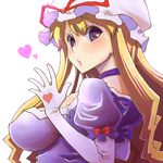  blonde_hair blush breasts choker close-up covered_nipples dress elbow_gloves from_side gloves hat hat_ribbon heart heart-shaped_pupils large_breasts long_hair looking_at_viewer looking_back purple_dress purple_eyes ribbon solo symbol-shaped_pupils touhou uni_mate white_background yakumo_yukari 