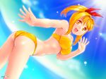  :d ass bandeau beach bikini blonde_hair breasts day dutch_angle light_rays long_hair looking_back marin_(umi_monogatari) medium_breasts ocean open_mouth outdoors shiny shiny_skin smile solo strapless sun sunbeam sunlight swimsuit umi_monogatari water yagisaka_seto yellow_bikini yellow_eyes 