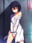  bdsm black_eyes black_hair blush bondage bound breasts cleavage highres labcoat loose_clothes loose_shirt medium_breasts naked_labcoat nunotaba_shinobu off_shoulder parted_lips racer_(magnet) shirt short_hair smile solo to_aru_kagaku_no_railgun to_aru_majutsu_no_index white_shirt 