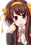  akanbe alternate_costume alternate_hairstyle brown_eyes brown_hair hairband highres kouyouen_academy_uniform long_hair orange_hairband rainforce school_uniform solo suzumiya_haruhi suzumiya_haruhi_no_shoushitsu suzumiya_haruhi_no_yuuutsu tongue tongue_out 