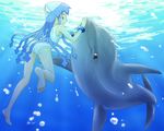  ass blue_hair bubble dolphin highres ikamusume long_hair sat-c shinryaku!_ikamusume smile swimsuit underwater white_swimsuit 