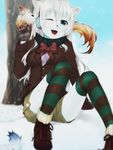  blue_eyes bow_tie clothing earlaps earmuffs eventh7 feline female hair japanese leopard long_hair mammal one_eye_closed open_mouth pet scarf smile snow snow_leopard solo spots wink winter 