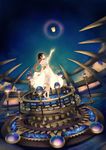  barefoot black_hair cloud dress falseele frills gears highres neck_ribbon original orrery red_eyes ribbon short_hair sky solo white_dress zodiac 