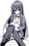  blazer bow bow_bra bra hair_ribbon jacket long_hair monochrome open_clothes open_shirt oryou outstretched_leg panties pantyshot pantyshot_(sitting) pink_bra pink_panties ribbon school_uniform shirt sitting skirt solo spot_color thighhighs thighhighs_pull underwear yahari_ore_no_seishun_lovecome_wa_machigatteiru. yukinoshita_yukino 