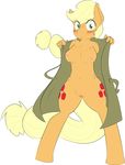  anthro anthrofied applejack_(mlp) blonde_hair blush breasts cutie_mark equine female feral flashing freckles friendship_is_magic fur green_eyes hair horse kryptchild looking_at_viewer mammal my_little_pony nude orange_fur plain_background pony pussy solo trenchcoat white_background wide_hips 