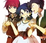  2boys alternate_costume belt black_hair blue_eyes blue_hair crystal_(pokemon) dress earrings gold_(pokemon) holding_hands jewelry long_hair lowres multiple_boys necklace necktie pokemon pokemon_special red_hair short_hair silver_(pokemon) smile twintails vest yui_ko 