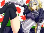  akashiro_sen black_legwear blonde_hair braid dress fate/apocrypha fate_(series) gauntlets headpiece jeanne_d'arc_(fate) jeanne_d'arc_(fate)_(all) legs long_hair single_braid solo thighhighs 