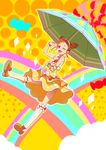  aikatsu! aikatsu!_(series) arisugawa_otome blush brown_eyes brown_hair candy clearite double_bun food image_sample looking_at_viewer one_eye_closed open_mouth short_hair skirt smile solo sparkle twitter_sample umbrella v 