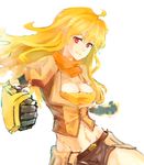  1girl blonde_hair breasts cleavage large_breasts midriff rwby smile solo white_background yang_xiao_long 