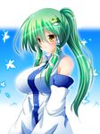  alternate_hairstyle blush breasts detached_sleeves frog_hair_ornament green_hair hair_ornament hair_tubes kochiya_sanae large_breasts leaf long_hair osashin_(osada) ponytail smile snake_hair_ornament solo touhou yellow_eyes 