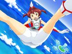  bike_shorts boots brown_eyes brown_hair cloud flying gloves hat highres isshiki_akane midair ocean palette_suit smile solo spread_legs twintails vividred_operation 