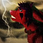  black_markings bow_tie bowties facial_markings fur hair horn lightning looking_up markings original_character overcast pink_nose rain realistic red_fur rinelle_(artist) side_view solo storm wet 