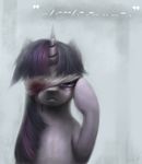  blood creepy equine eye_patch eyewear female feral friendship_is_magic fur hair horn horse long_hair looking_at_viewer mammal morse_code multi-colored_hair my_little_pony open_mouth plain_background pony purple_eyes purple_hair solo teeth text twilight_sparkle_(mlp) unicorn ventious wrap 