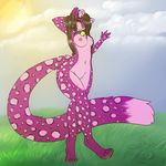  bell breasts brown_hair collar cuteancuddly dancing feline female fluffy_tail fur grass hair invalid_color leopard long_tail looking_at_viewer mammal nipples nude outside pink_fur playful rachverity rachy solo spotted_fur standing wide_hips yellow_eyes 