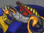  anthro caribou_(artist) dragon hair horn looking_at_viewer lying male nude orange_hair pillow pose sara_palmer scalie solo wings 