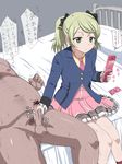  bed bored cellphone censored clothed_female_nude_male condom_wrapper elize_lutus green_eyes green_hair handjob hetero highres multitasking necktie nude penis phone pink_neckwear short_hair sitting tales_of_(series) tales_of_xillia tales_of_xillia_2 translated yaomai 