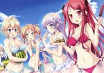  beach bikini blonde_hair blue_bikini blue_eyes blue_sky breasts brown_eyes brown_hair cleavage day food frilled_bikini frills fruit green_bikini green_eyes hatano_ririko highres hinomiya_ayari hot_dog innertube kickboard ko~cha lavender_hair long_hair lowleg lowleg_bikini marcia_mcclellan medium_breasts multiple_girls ocean outdoors red_bikini red_eyes red_hair saimon_eclair saimon_misumi sand school_swimsuit shaved_ice short_hair sky swimsuit water watermelon white_bikini witch's_garden yakisoba yukimura_suzuno 