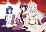  absurdres aladdin_(magi) anklet arabian_clothes armlet asami-ch barefoot blue_hair blush bracelet braid dress earrings genderswap genderswap_(mtf) hair_ornament highres jafar jewelry judal long_hair magi_the_labyrinth_of_magic multiple_girls purple_hair see-through seiza sitting veil white_hair 