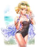  alternate_costume blonde_hair blush bracelet breasts casual_one-piece_swimsuit cleavage duplicate eyewear_on_head green_eyes hairband jewelry large_breasts lips looking_at_viewer matsuda_(matsukichi) mizuhashi_parsee necklace one-piece_swimsuit pointy_ears print_swimsuit short_hair smile solo sunglasses swimsuit touhou 