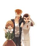  armband black_hair blonde_hair brown_eyes brown_hair danganronpa danganronpa_1 fujisaki_chihiro ishimaru_kiyotaka long_hair medal multiple_boys oowada_mondo otoko_no_ko red_eyes salute short_hair smile sun_trial uniform waving 