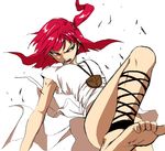  angry ankle_lace-up barefoot cross-laced_footwear dress feet fighting_stance kicking magi_the_labyrinth_of_magic morgiana one_side_up open_mouth red_eyes red_hair soles solo toe_scrunch toes 