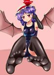  bat_wings black_legwear blue_hair elbow_gloves feet gloves hat hat_ribbon honda_takaharu one-piece_swimsuit pov_feet red_eyes remilia_scarlet ribbon school_swimsuit shiny shiny_clothes skindentation soles solo swimsuit thighhighs touhou wings 