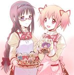  2girls :d akemi_homura apron basket black_hair blush bow braid checkerboard_cookie cookie dated food gift gift_bag glasses hair_bow hair_ribbon hairband holding holding_gift juliet_sleeves kaname_madoka long_hair long_sleeves mahou_shoujo_madoka_magica multiple_girls open_mouth pink_eyes pink_hair plaid plaid_skirt pocket puffy_sleeves purple_eyes ribbon school_uniform skirt smile twin_braids twintails yamada_ako 