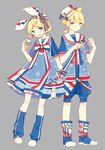  1girl animal_ears aqua_eyes blonde_hair boots brother_and_sister bunny_ears dress france hair_ornament hair_ribbon hairclip hat highres kagamine_len kagamine_rin leg_warmers ponytail ribbon sailor_collar sailor_dress saya556 short_hair shorts siblings smile twins vocaloid 