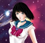  alternate_color alternate_eye_color aqua_eyes bishoujo_senshi_sailor_moon black_hair blue_sailor_collar bob_cut bow choker earrings heart highres jewelry lips lipstick looking_at_viewer makeup parted_lips red_bow red_lipstick sailor_collar sailor_saturn sailor_senshi_uniform sleeveless solo space star star_choker tiara tomoe_hotaru tomtonytommy 