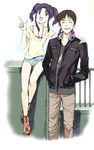  1boy 1girl adult ebba hands_in_pockets headphones ikari_shinji jacket jewelry katsuragi_misato necklace neon_genesis_evangelion older role_reversal shorts young younger 